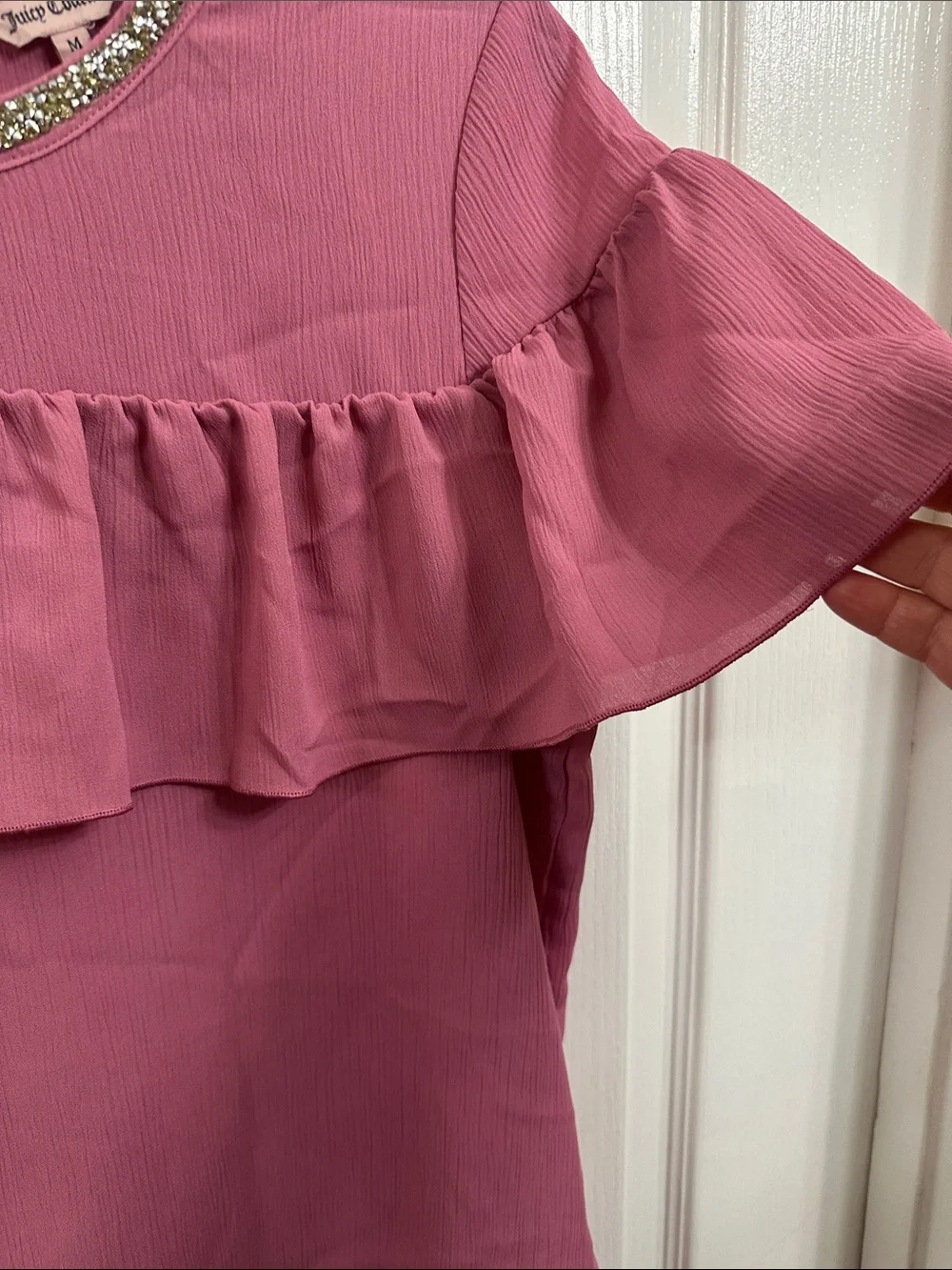 Juicy Couture Rose Pink Ruffle Short-Sleeve Blouse with Jeweled Neckline
